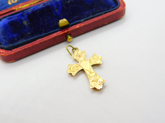 Edwardian 9ct Yellow Gold Floral Pattern Cross Pendant 1904 Birmingham Antique