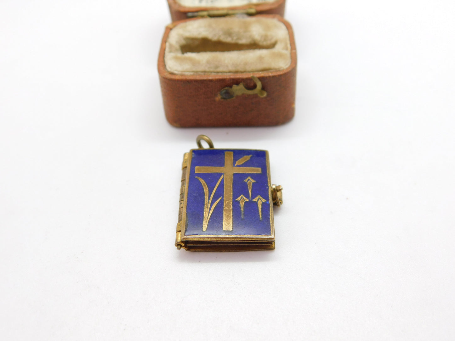 Edwardian Gilt Metal Blue Enamel Religious Picture Book Charm c1910 Antique