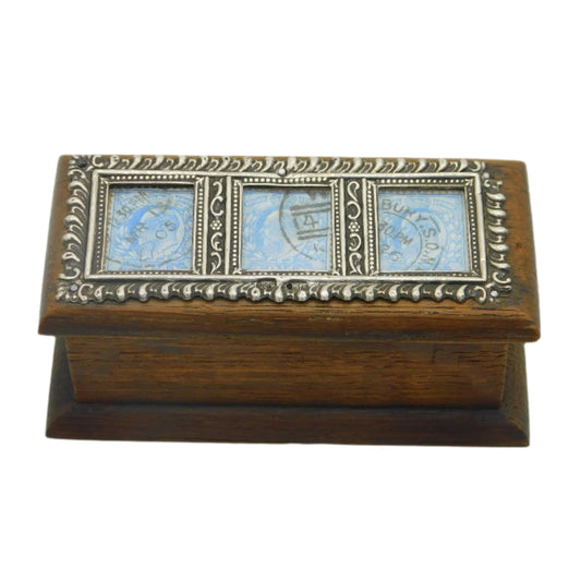 Edwardian Sterling Silver & Oak Three-Part Stamp Box Antique 1906 Birmingham