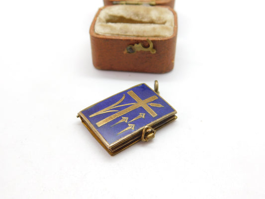 Edwardian Gilt Metal Blue Enamel Religious Picture Book Charm c1910 Antique