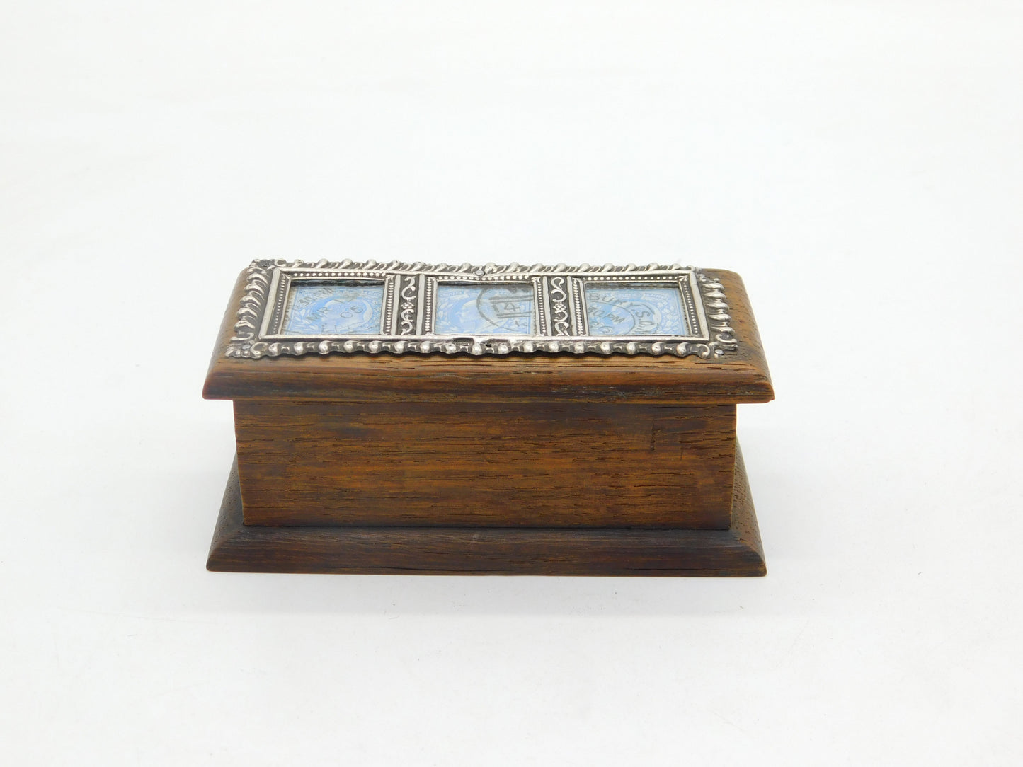 Edwardian Sterling Silver & Oak Three-Part Stamp Box Antique 1906 Birmingham