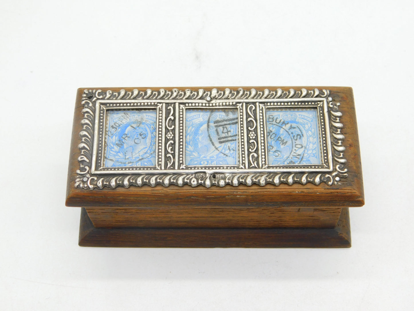 Edwardian Sterling Silver & Oak Three-Part Stamp Box Antique 1906 Birmingham