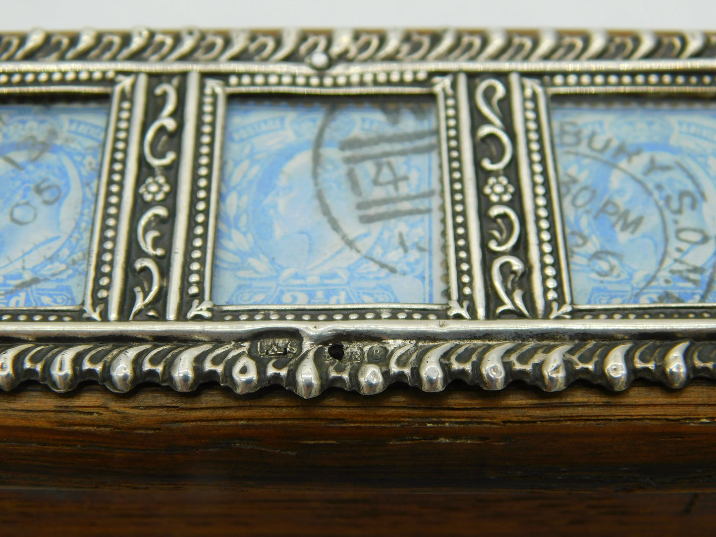 Edwardian Sterling Silver & Oak Three-Part Stamp Box Antique 1906 Birmingham