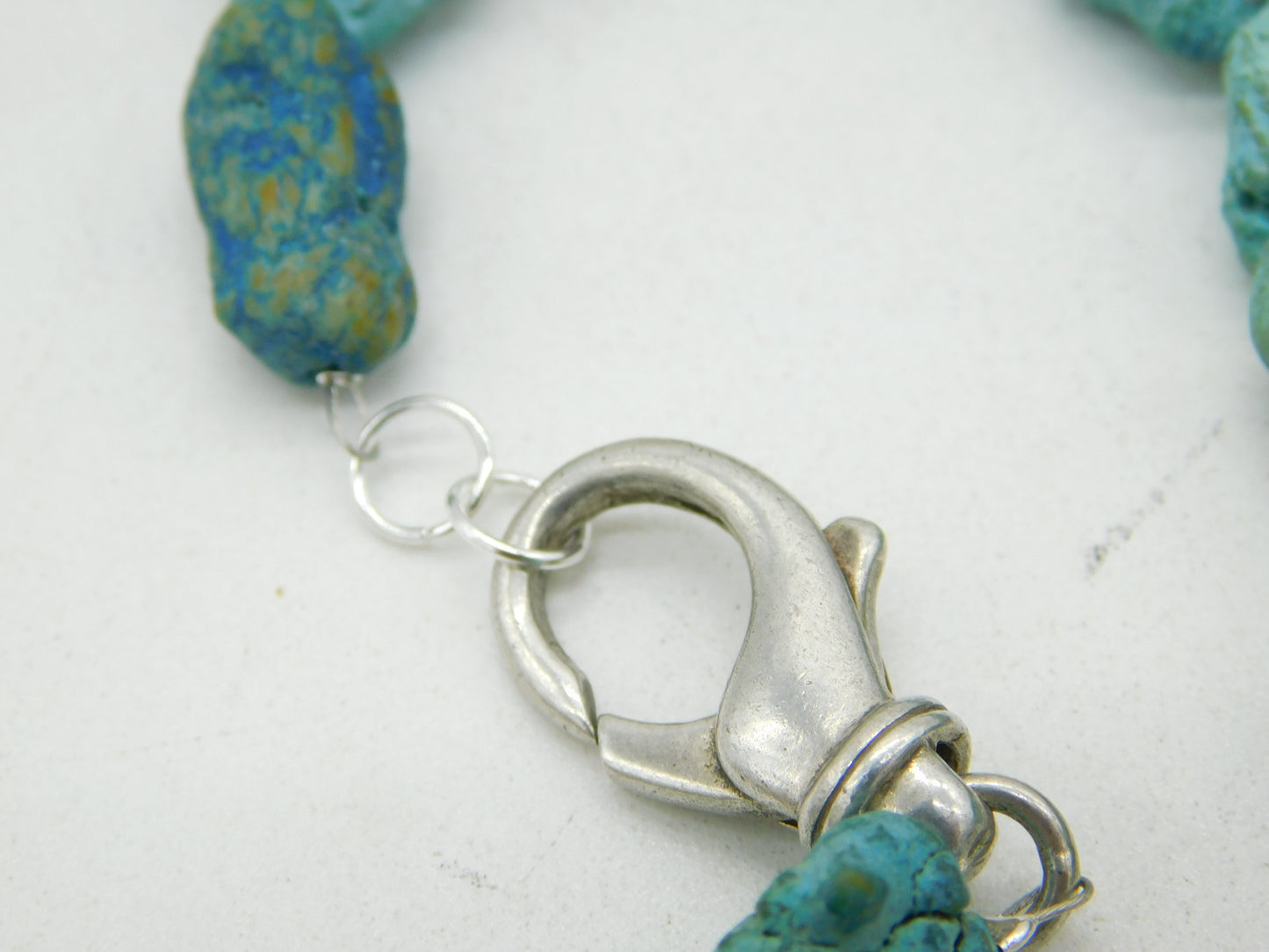 Sterling Silver & Raw Turquoise Set Beaded Chain Necklace Vintage c1970
