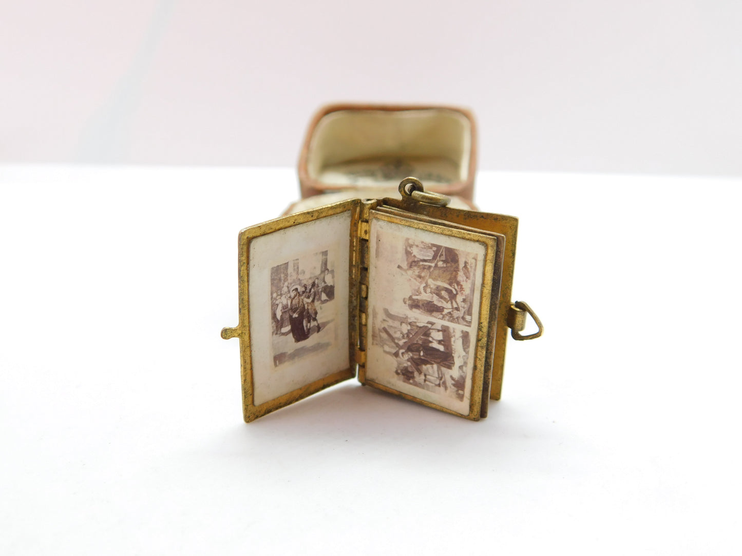 Edwardian Gilt Metal Blue Enamel Religious Picture Book Charm c1910 Antique