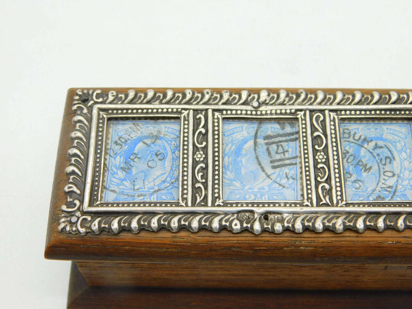 Edwardian Sterling Silver & Oak Three-Part Stamp Box Antique 1906 Birmingham