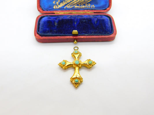 Georgian Rolled Gold & Turquoise Cross Pendant c1830 Antique Regency