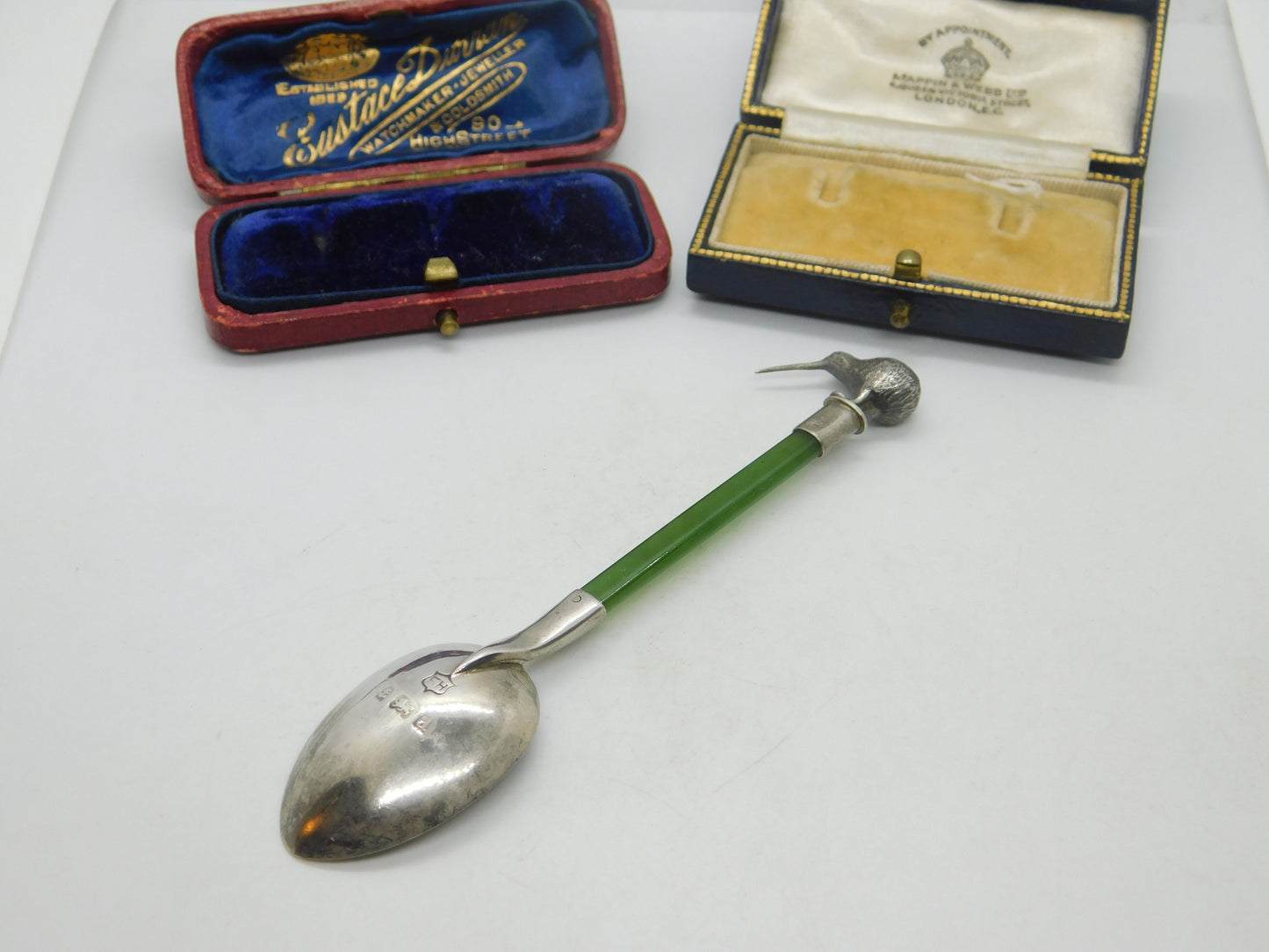 Frank Hyams Victorian Sterling Silver Nephrite Jade Kiwi Spoon Antique 1900