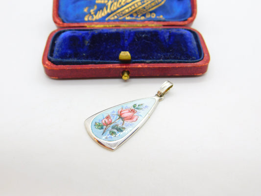 Sterling Silver & Colourful Enamel Rose Flower Drop Pendant 1983 Birmingham