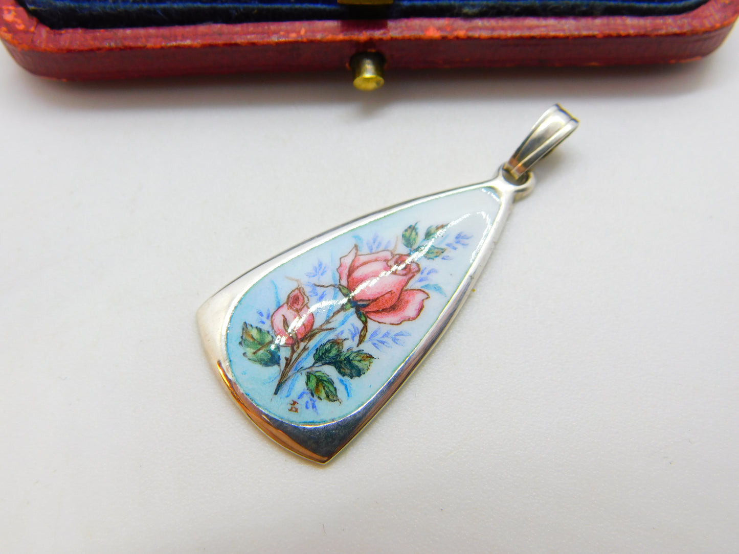 Sterling Silver & Colourful Enamel Rose Flower Drop Pendant 1983 Birmingham