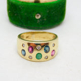 9ct Yellow Gold, Sapphire, Diamond & Ruby Gem Set Dress Ring Vintage c1990