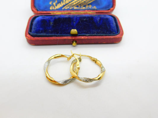 9ct Gold Yellow-White Gold Rope Twist Hoop Earrings c1980