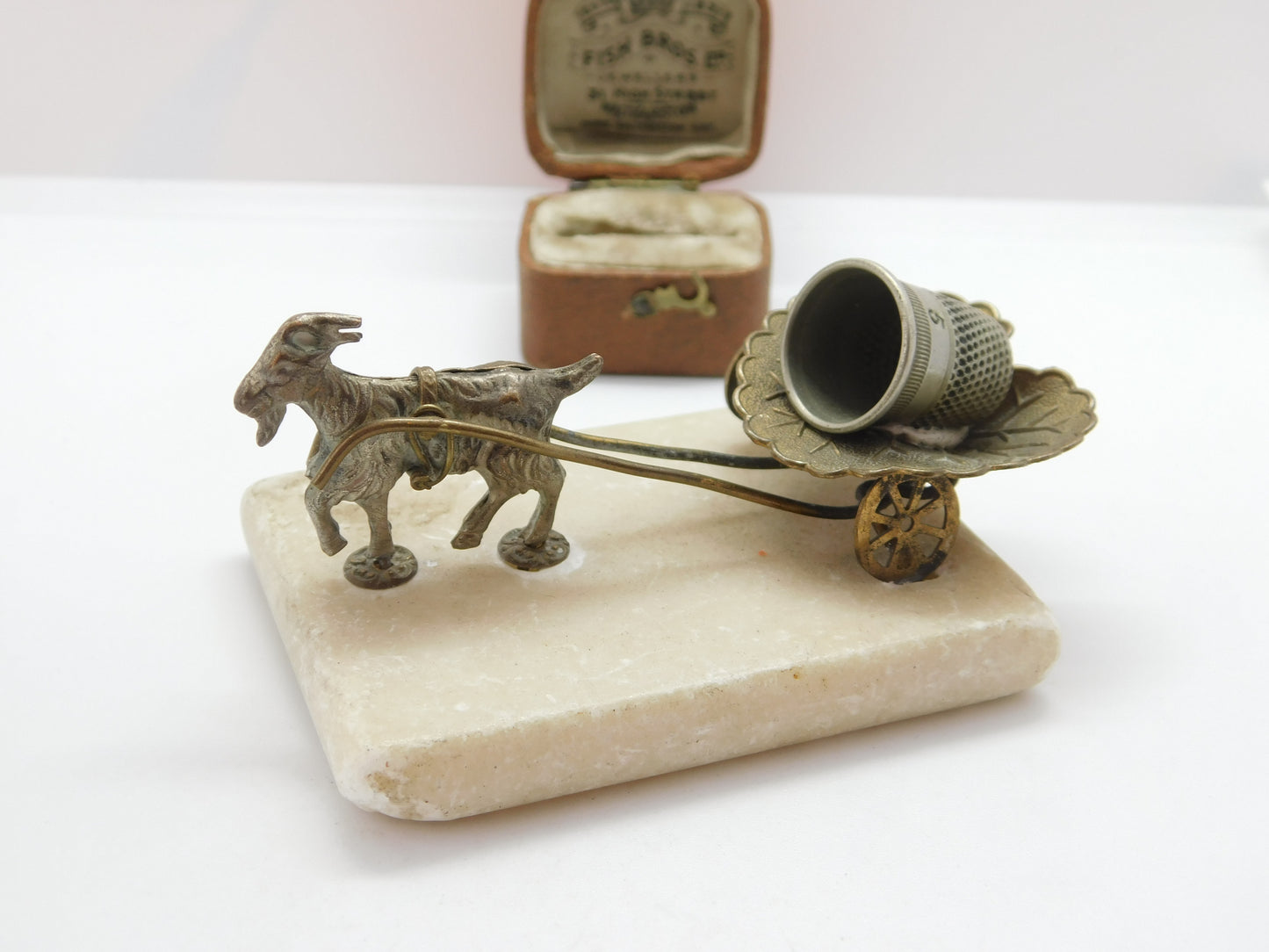 Victorian Gilt Metal & Marble Goat Cart Novelty Thimble Holder c1890 Antique