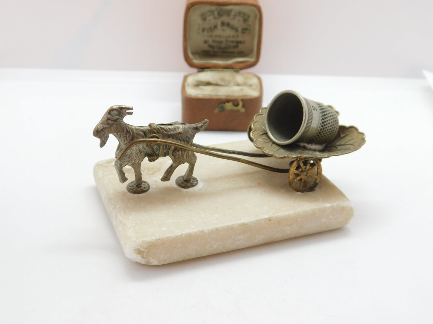 Victorian Gilt Metal & Marble Goat Cart Novelty Thimble Holder c1890 Antique