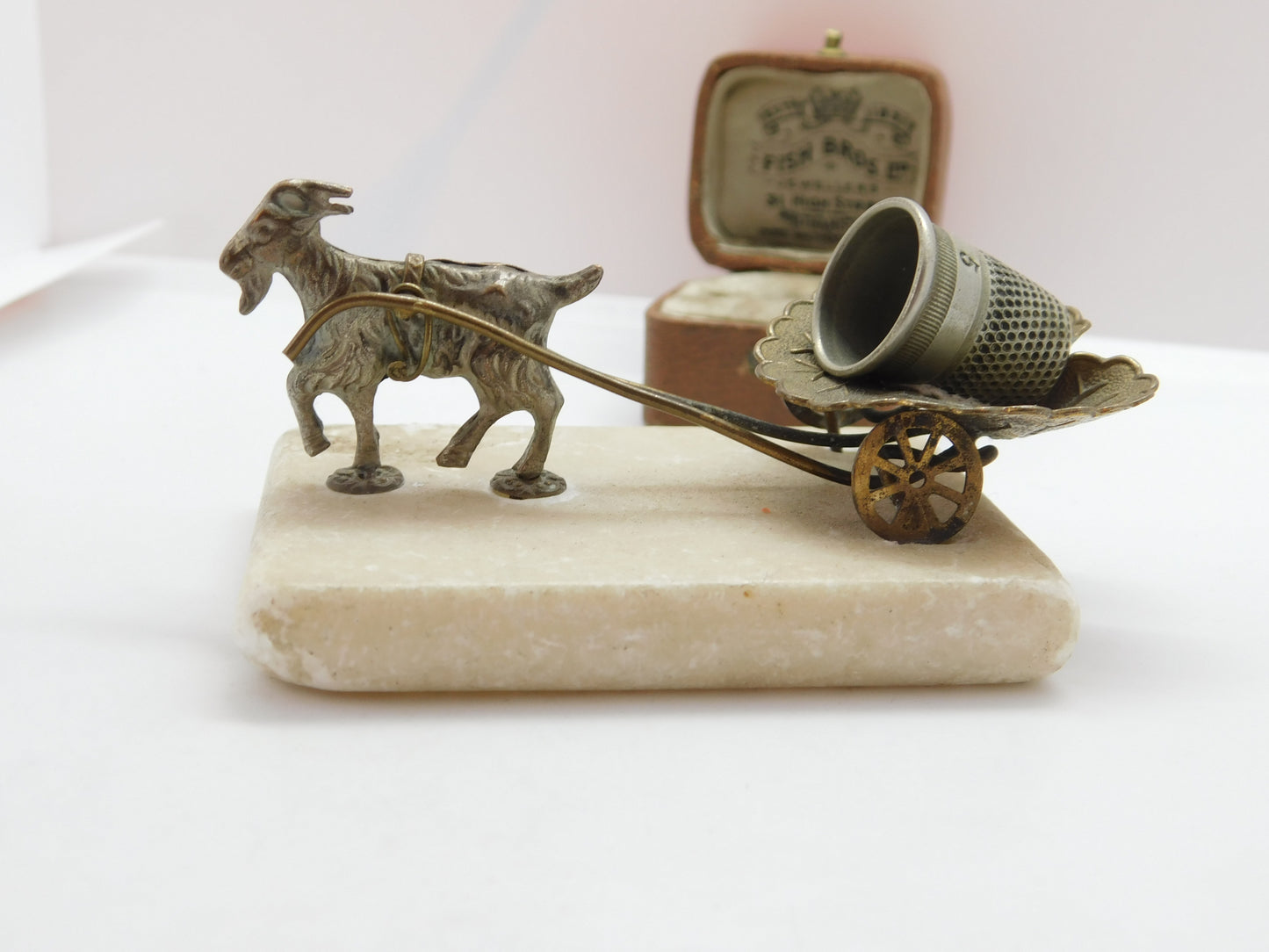 Victorian Gilt Metal & Marble Goat Cart Novelty Thimble Holder c1890 Antique