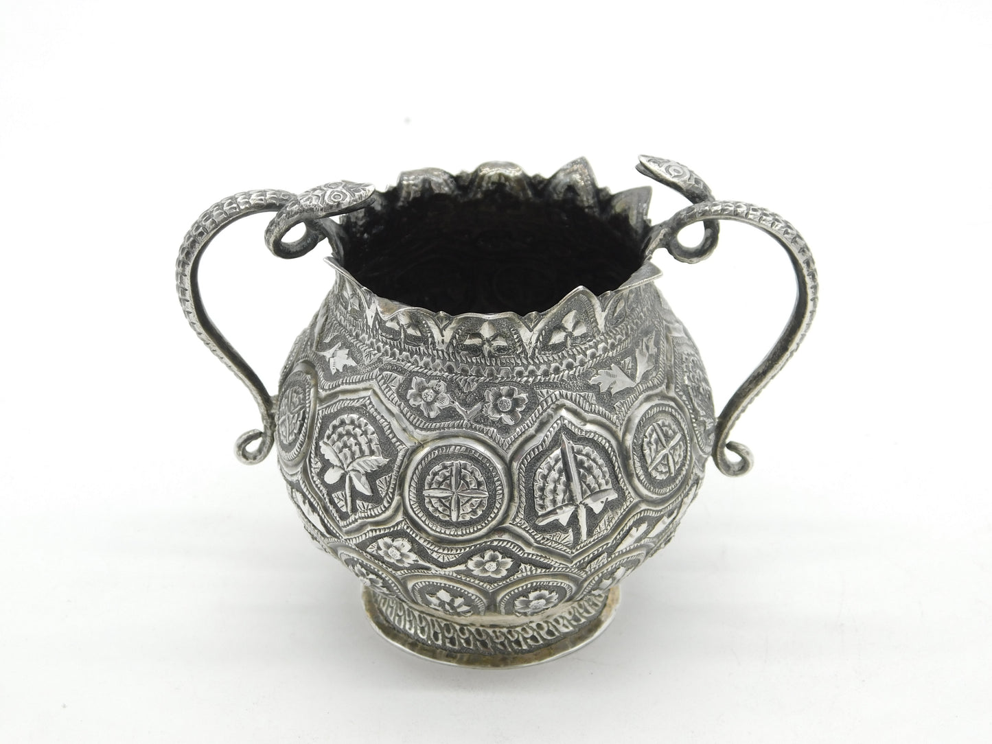 Victorian Kutch Indian Sterling Silver Snake Form Sugar Bowl Antique c1880