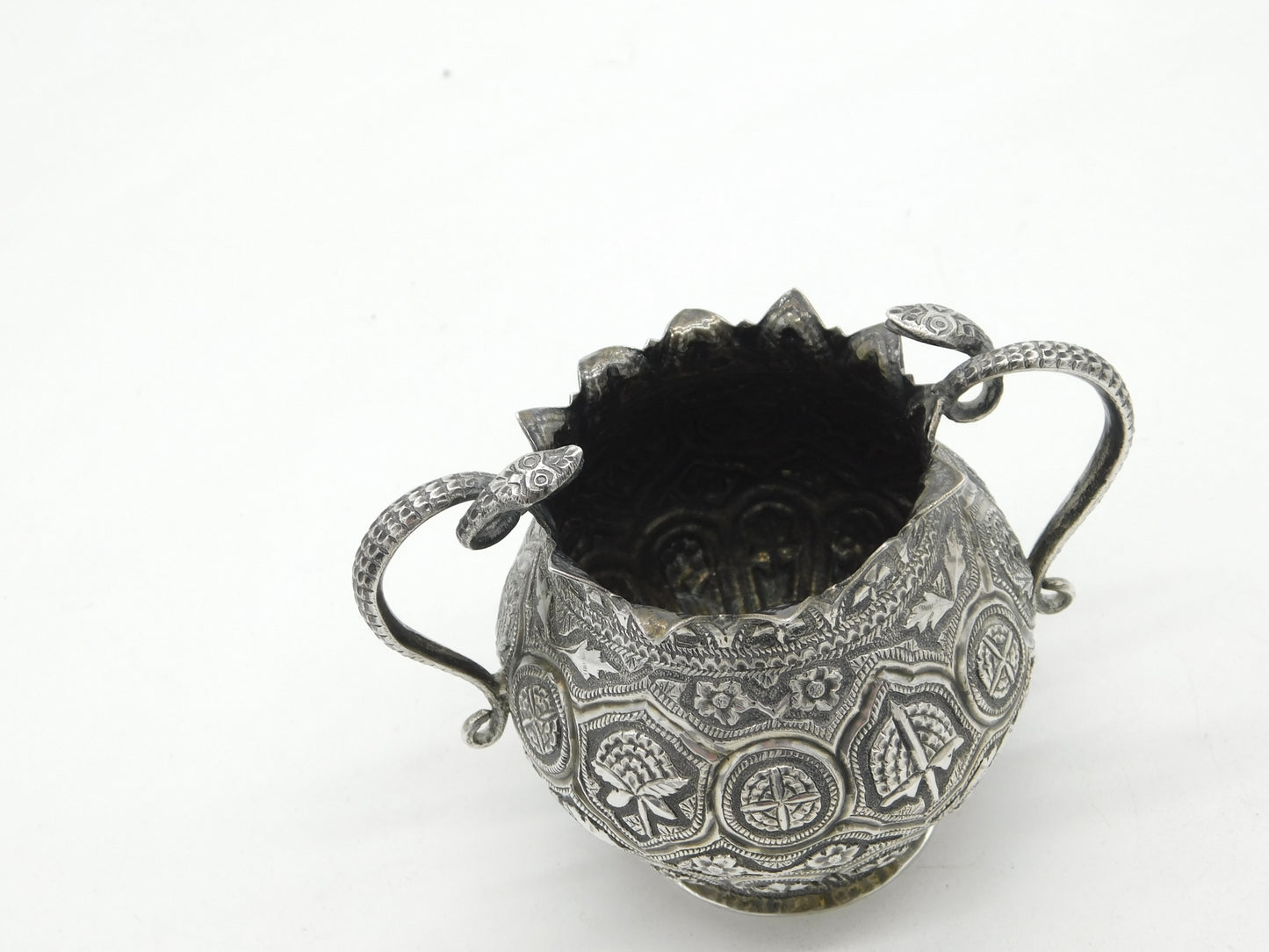 Victorian Kutch Indian Sterling Silver Snake Form Sugar Bowl Antique c1880