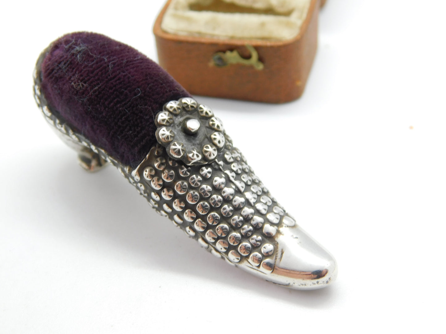 Edwardian Sterling Silver High-Heeled Shoe Novelty Pin Cushion 1905 Antique