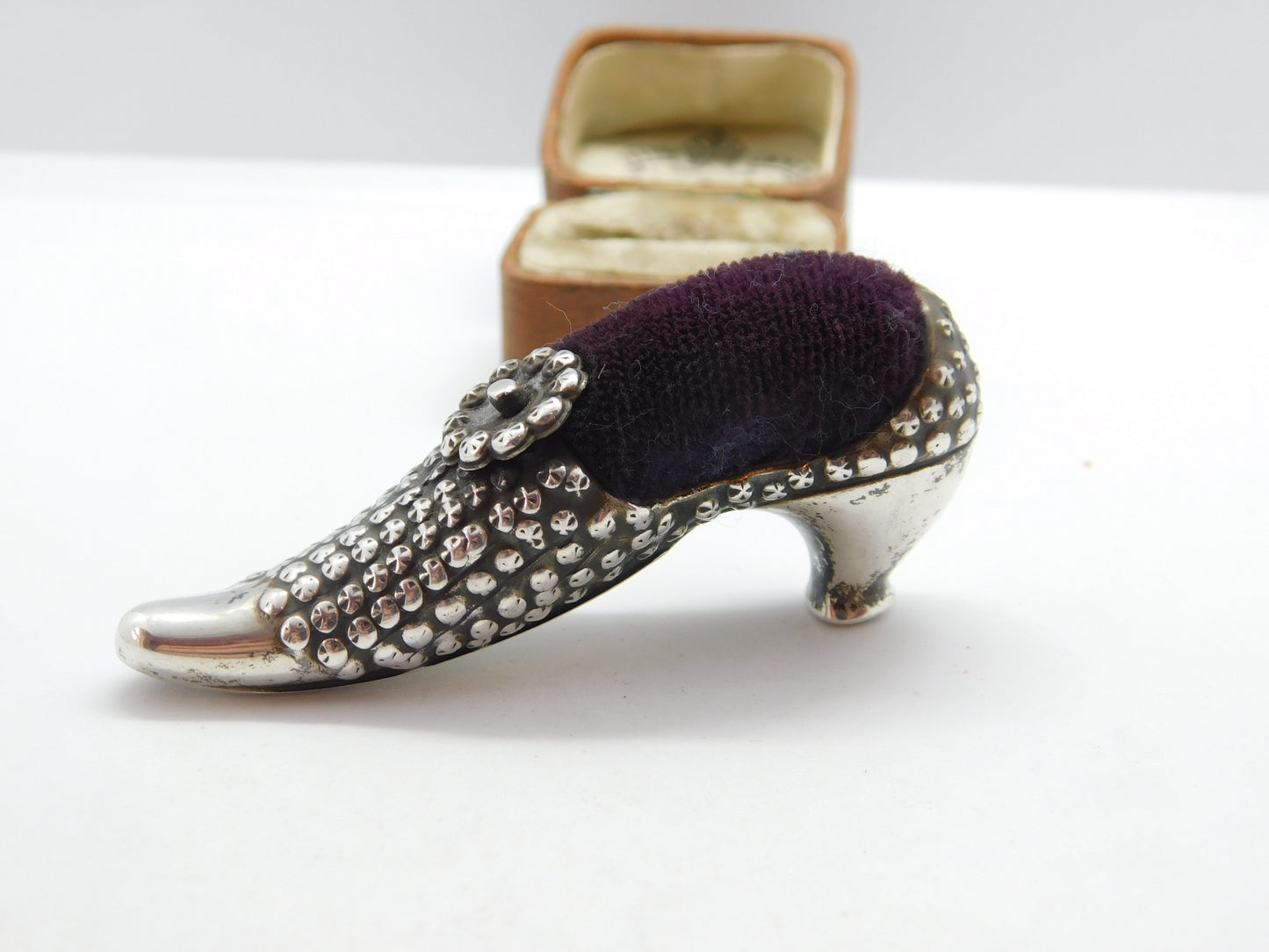 Edwardian Sterling Silver High-Heeled Shoe Novelty Pin Cushion 1905 Antique