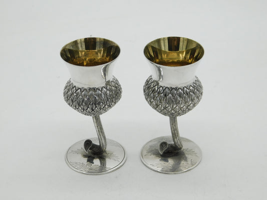 Scottish Sterling Silver Pair of Thistle Whisky Shot Tot Goblets Vintage 2007