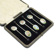 Boxed Set of Sterling Silver & Floral Enamel Coffee Spoons Vintage 1955 Birmingham