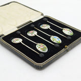Boxed Set of Sterling Silver & Floral Enamel Coffee Spoons Vintage 1955 Birmingham