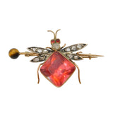 Victorian 9ct Gold, Old-Cut Diamond, Pink Paste Insect Brooch Antique c1880s