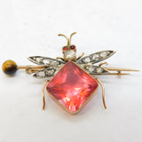 Victorian 9ct Gold, Old-Cut Diamond, Pink Paste Insect Brooch Antique c1880s