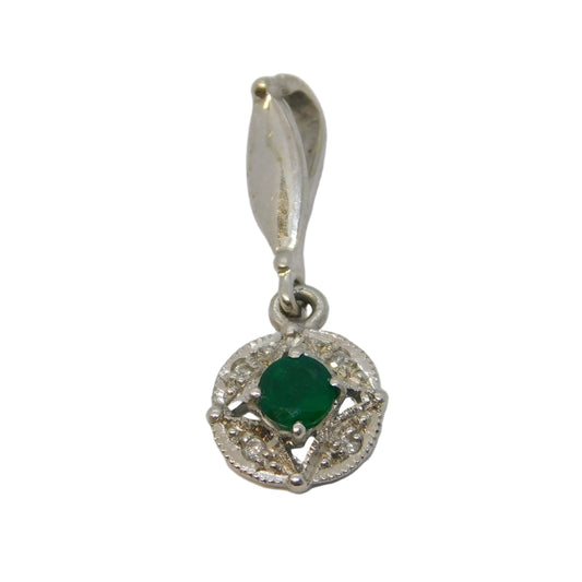 9ct White Gold, Emerald & Diamond Drop Pendant Vintage c1990 Birmingham