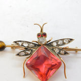 Victorian 9ct Gold, Old-Cut Diamond, Pink Paste Insect Brooch Antique c1880s