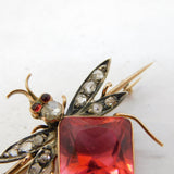 Victorian 9ct Gold, Old-Cut Diamond, Pink Paste Insect Brooch Antique c1880s