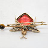 Victorian 9ct Gold, Old-Cut Diamond, Pink Paste Insect Brooch Antique c1880s