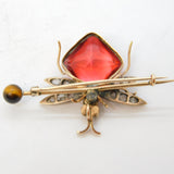 Victorian 9ct Gold, Old-Cut Diamond, Pink Paste Insect Brooch Antique c1880s