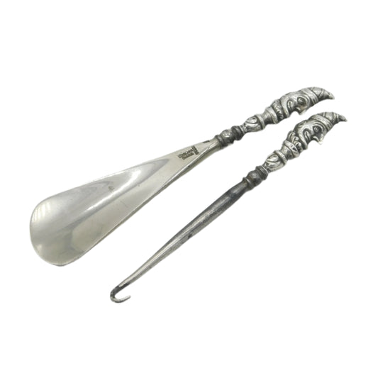 Sterling Silver Topped Mr. Punch Button Hook & Shoe Horn Antique 1911 Deco