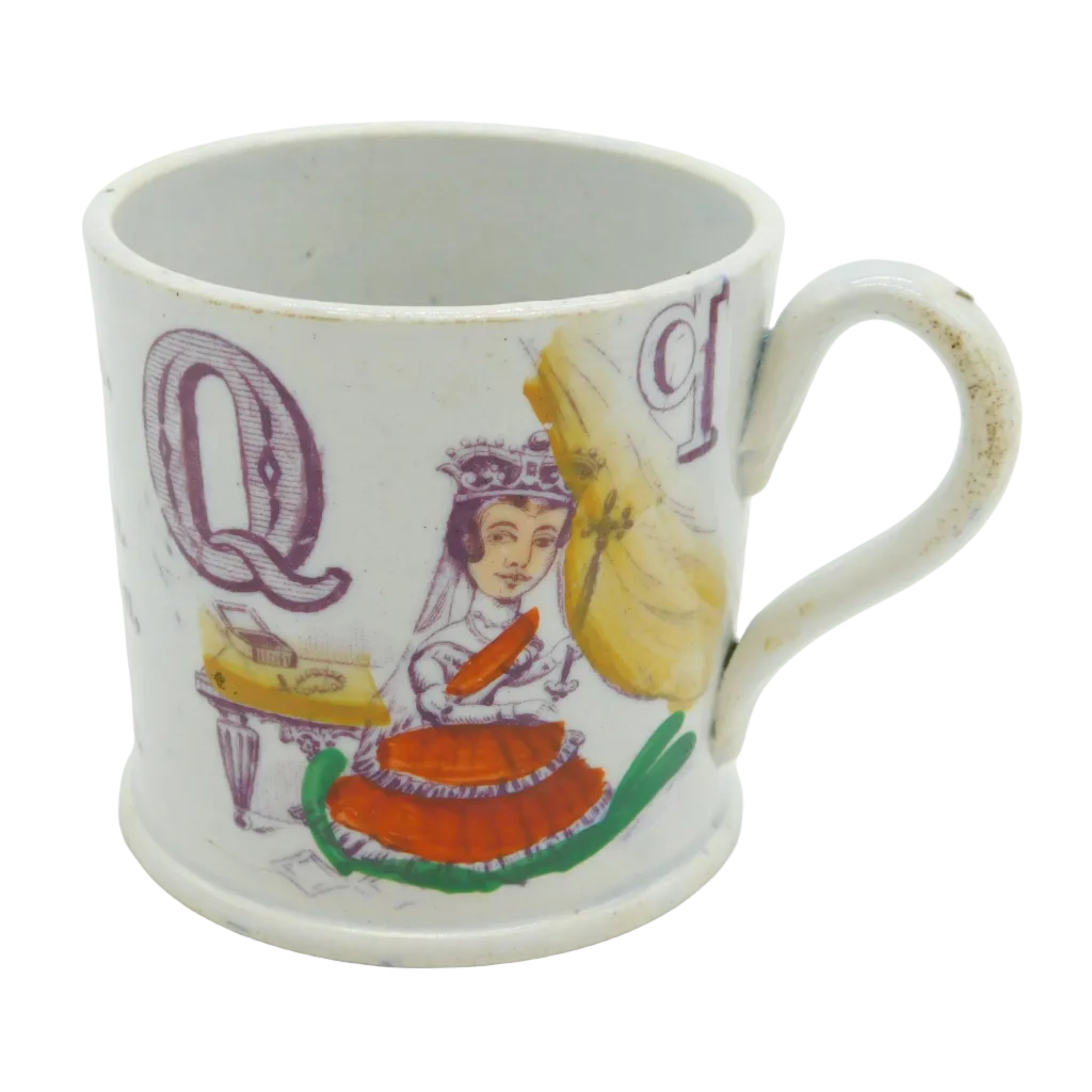 An antique Victorian transferware ceramic novelty teacup featuring colorful images of Robert Peel and Queen Victoria.