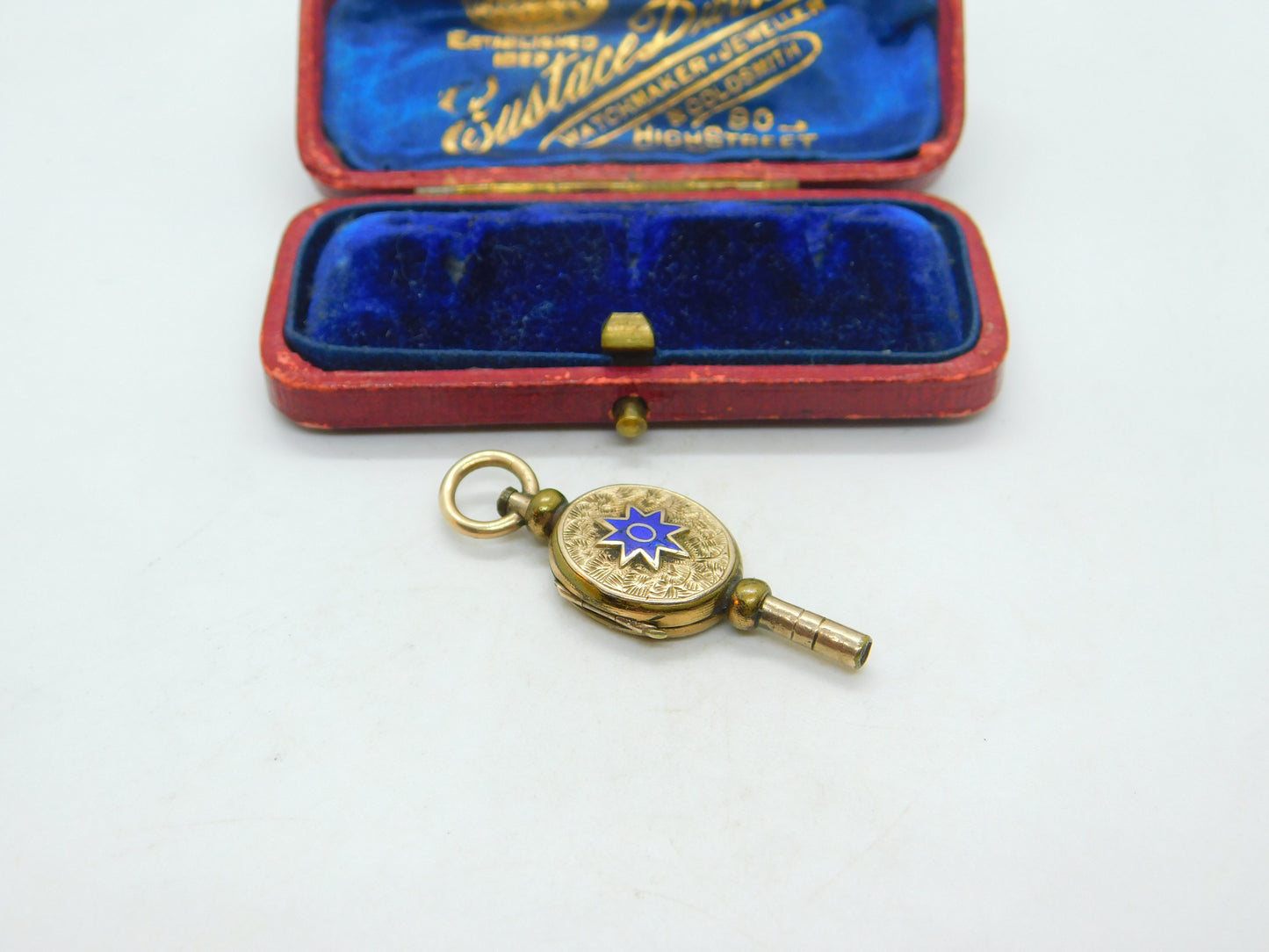 Victorian 9ct Yellow Gold Back & Watch Key Locket Blue Enamel Antique c1880