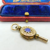 Victorian 9ct Yellow Gold Back & Watch Key Locket Blue Enamel Antique c1880