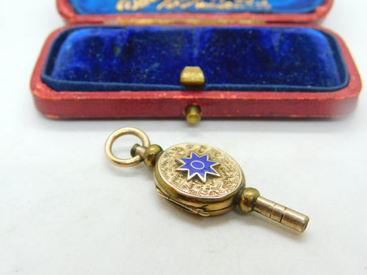 Victorian 9ct Yellow Gold Back & Watch Key Locket Blue Enamel Antique c1880