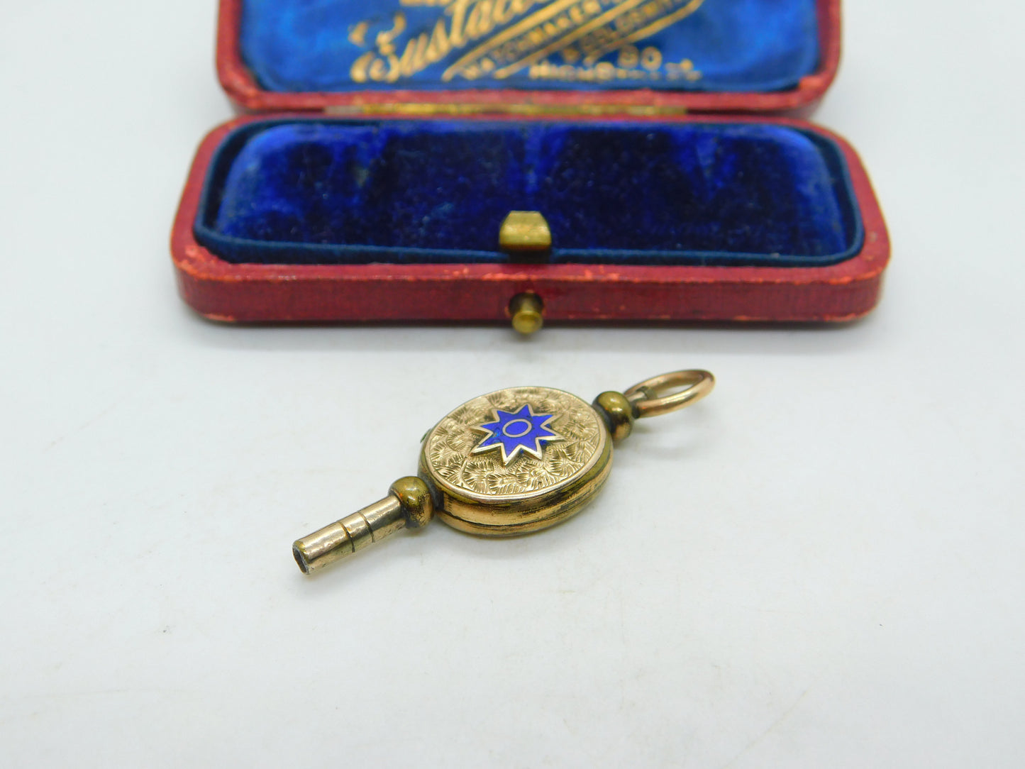 Victorian 9ct Yellow Gold Back & Watch Key Locket Blue Enamel Antique c1880