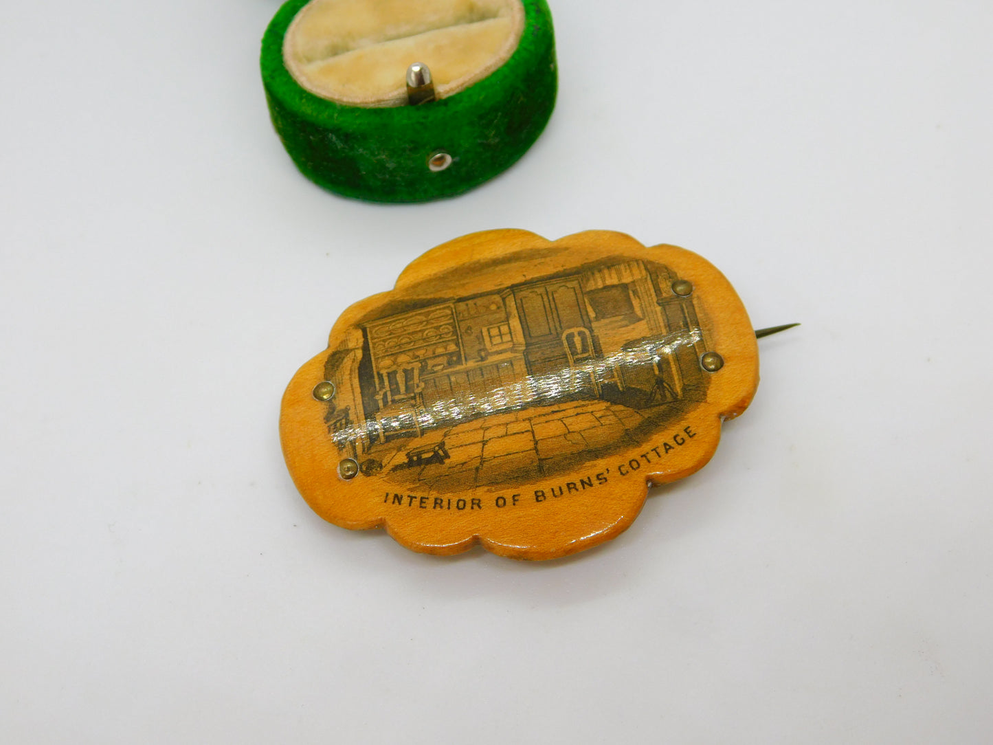 Mauchline Ware 'Interior of Burns' Cottage' Brooch Pin Antique c1890 Scottish