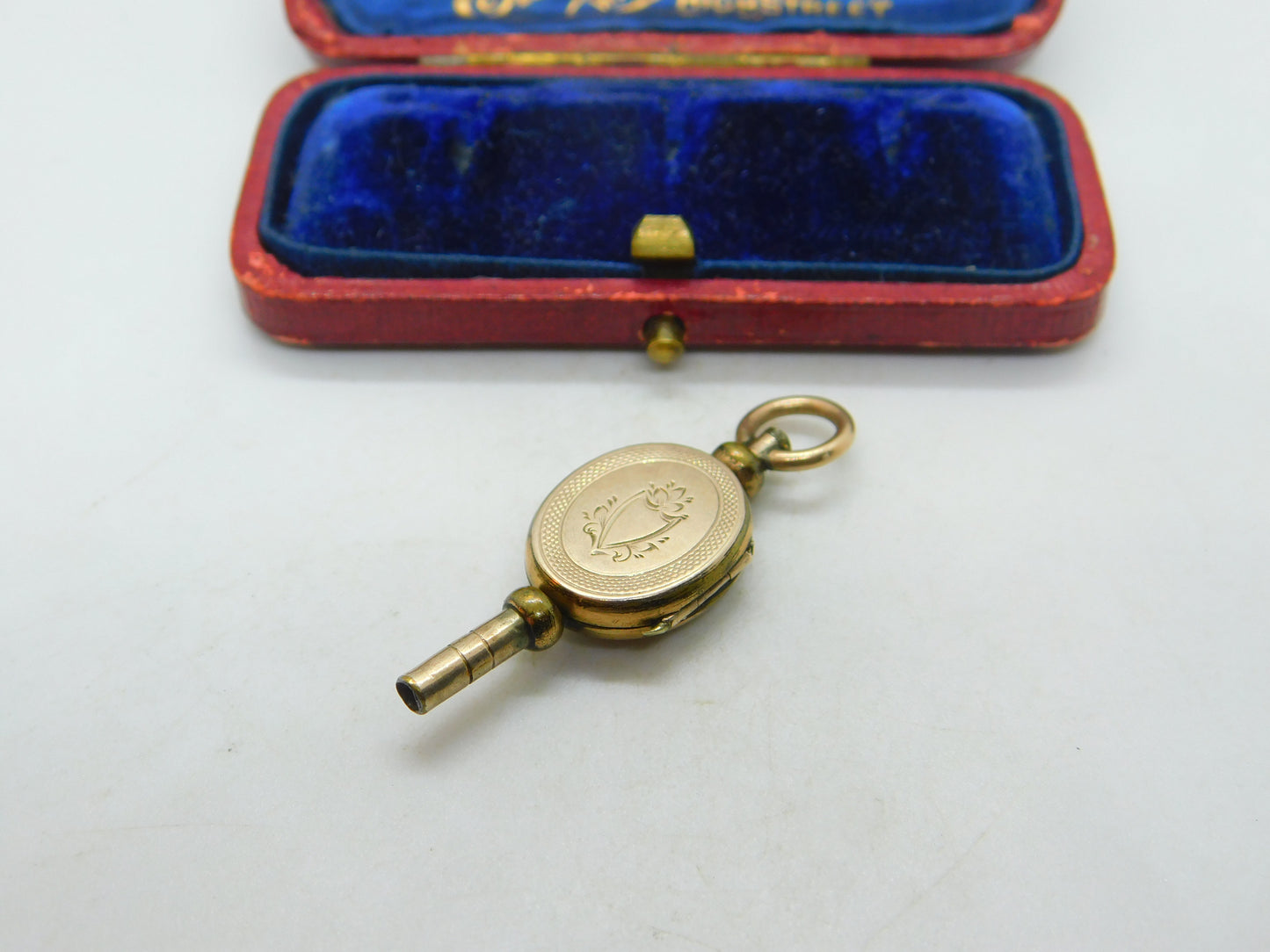 Victorian 9ct Yellow Gold Back & Watch Key Locket Blue Enamel Antique c1880