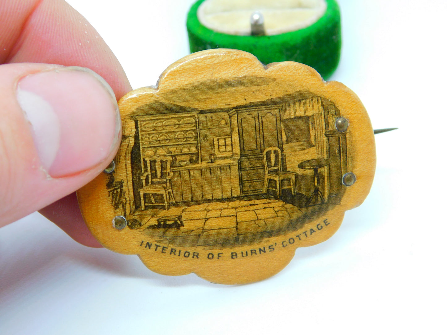 Mauchline Ware 'Interior of Burns' Cottage' Brooch Pin Antique c1890 Scottish