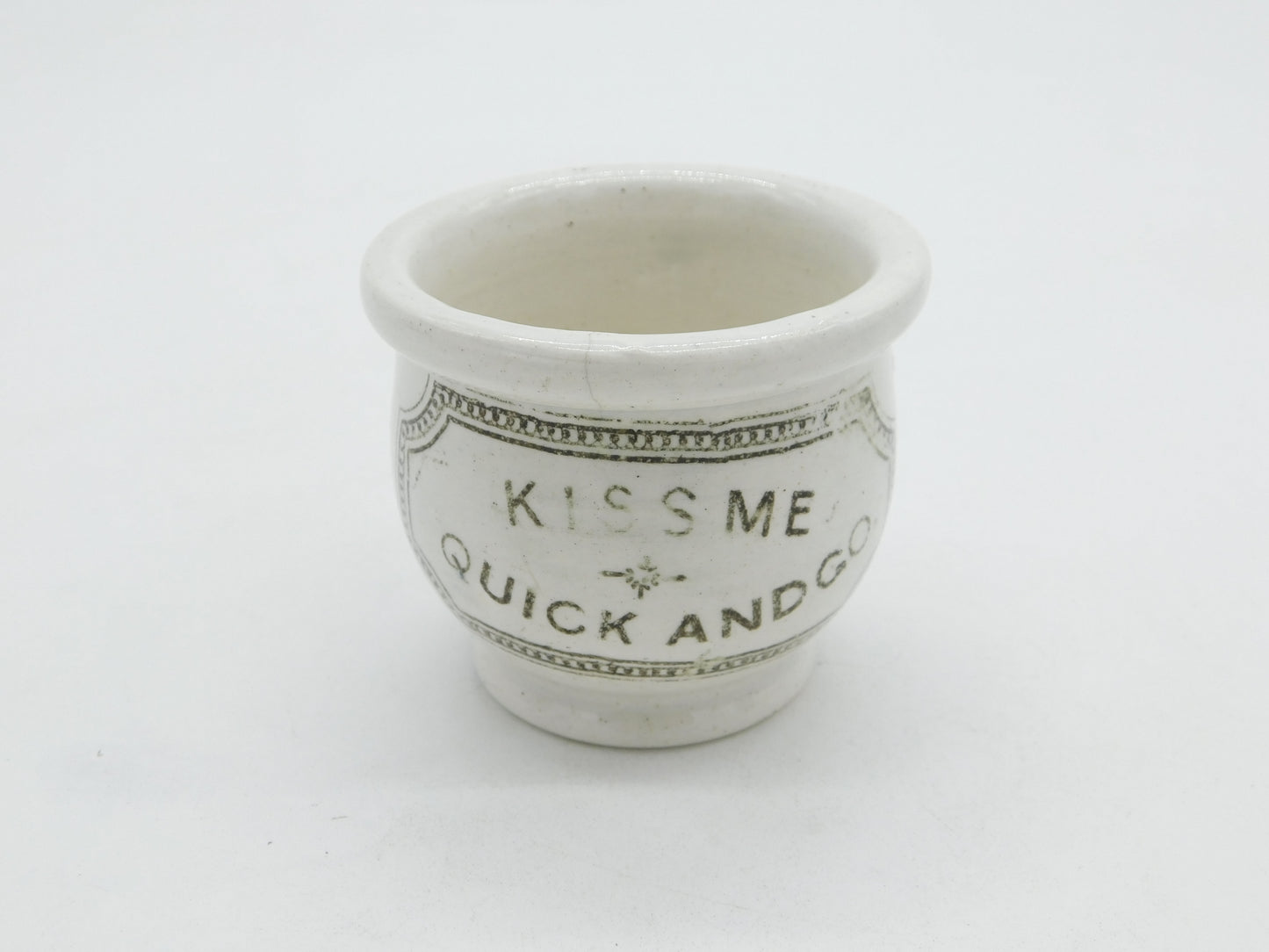 Georgian Creamware Glazed Teacup 'Kiss Me Quick And Go' Antique c1800