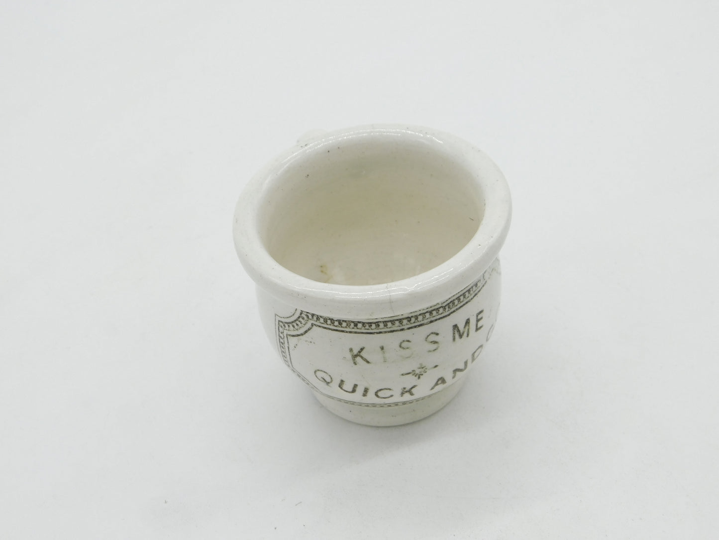 Georgian Creamware Glazed Teacup 'Kiss Me Quick And Go' Antique c1800