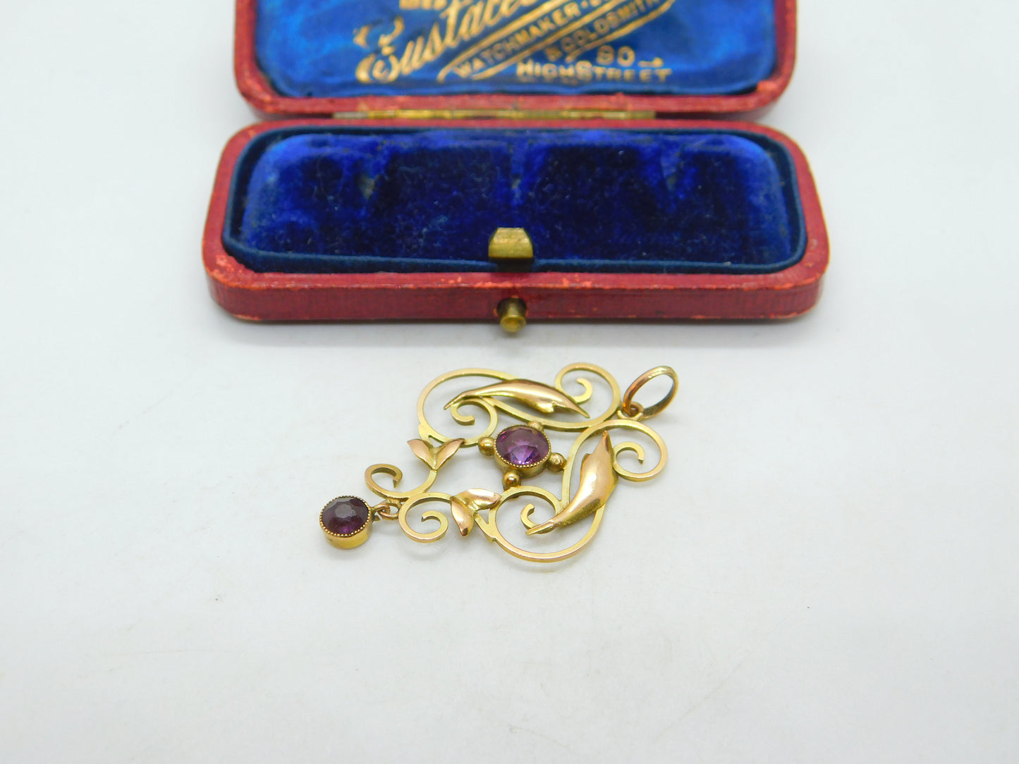 9ct Yellow Gold & Amethyst Set Lavalier Art Nouveau Pendant Antique c1910