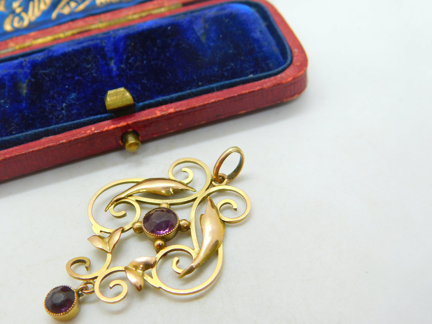 9ct Yellow Gold & Amethyst Set Lavalier Art Nouveau Pendant Antique c1910