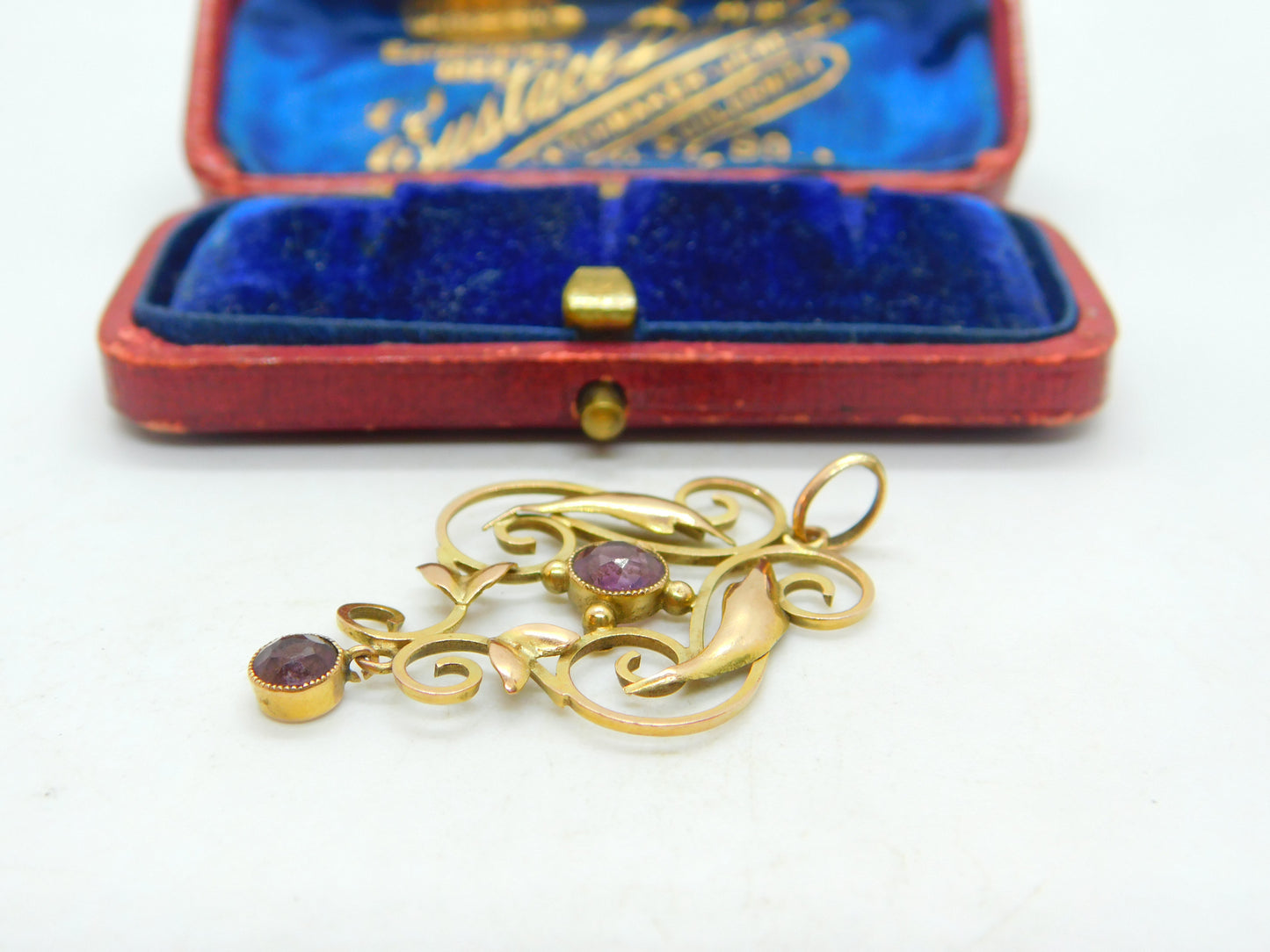 9ct Yellow Gold & Amethyst Set Lavalier Art Nouveau Pendant Antique c1910