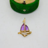 9ct Yellow Gold, Amethyst & Diamond Sailboat Pendant Vintage c1980