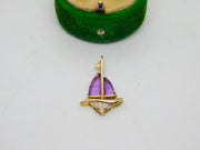 9ct Yellow Gold, Amethyst & Diamond Sailboat Pendant Vintage c1980