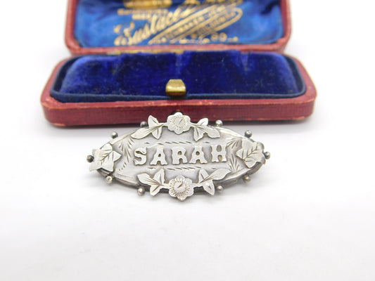 Sterling Silver Sarah Name Christening Brooch Antique 1913 Birmingham